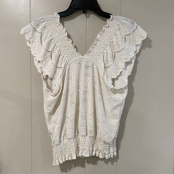 Urban Romantics White Eyelet Lace Blouse Women’s Large Boho V-Neck Flutter Sleev - Picture 2 of 5